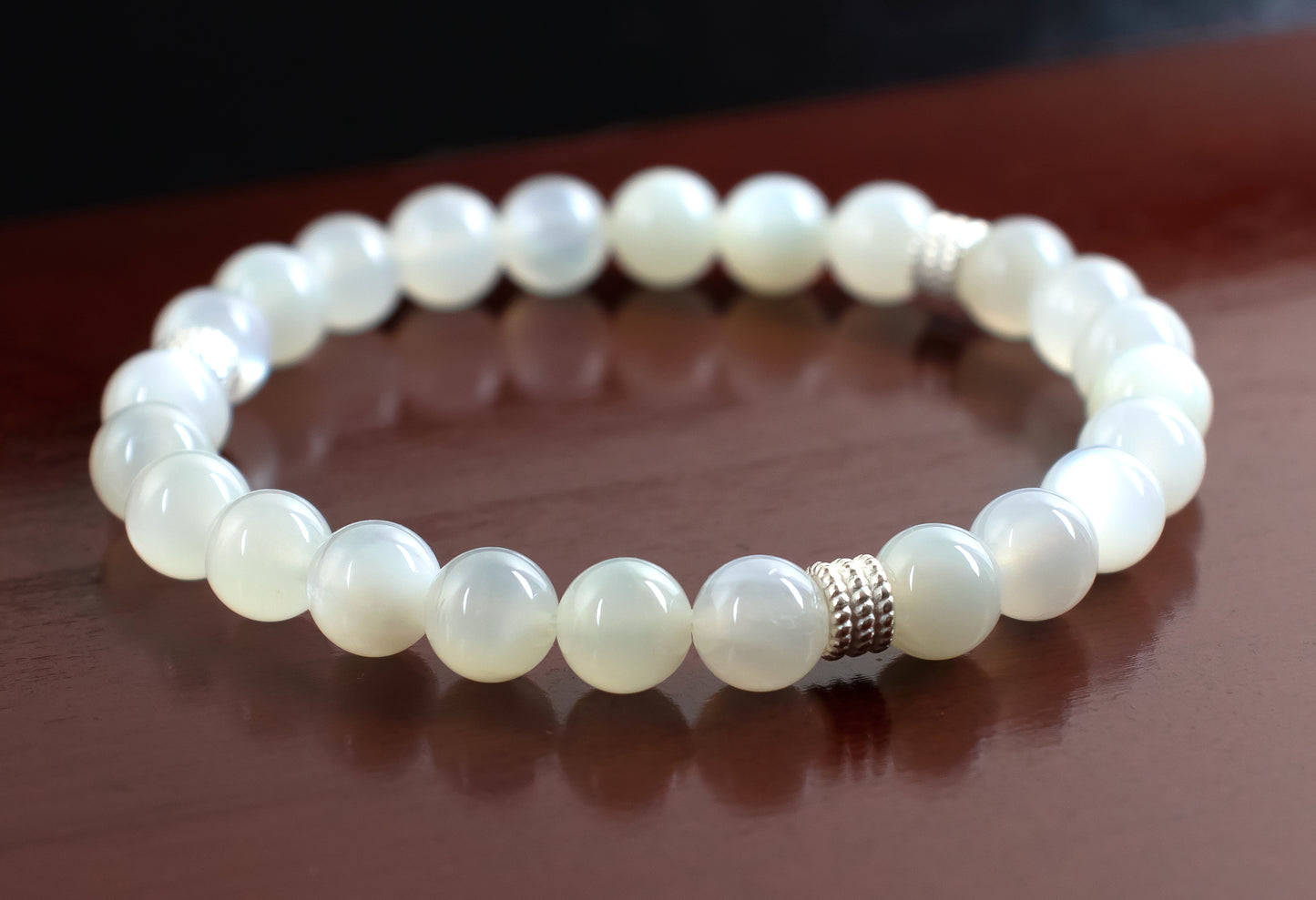 Guidance/Achievement - AAA Natural White Moonstone Bracelet with .925 Sterling Silver Spiral Bead Accents – 6mm