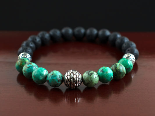 Healing - AAA Quality Natural African Turquoise /AAA Quality Natural Black Lava Stone Bracelet/.925 Sterling Silver Engraved Accent Beads