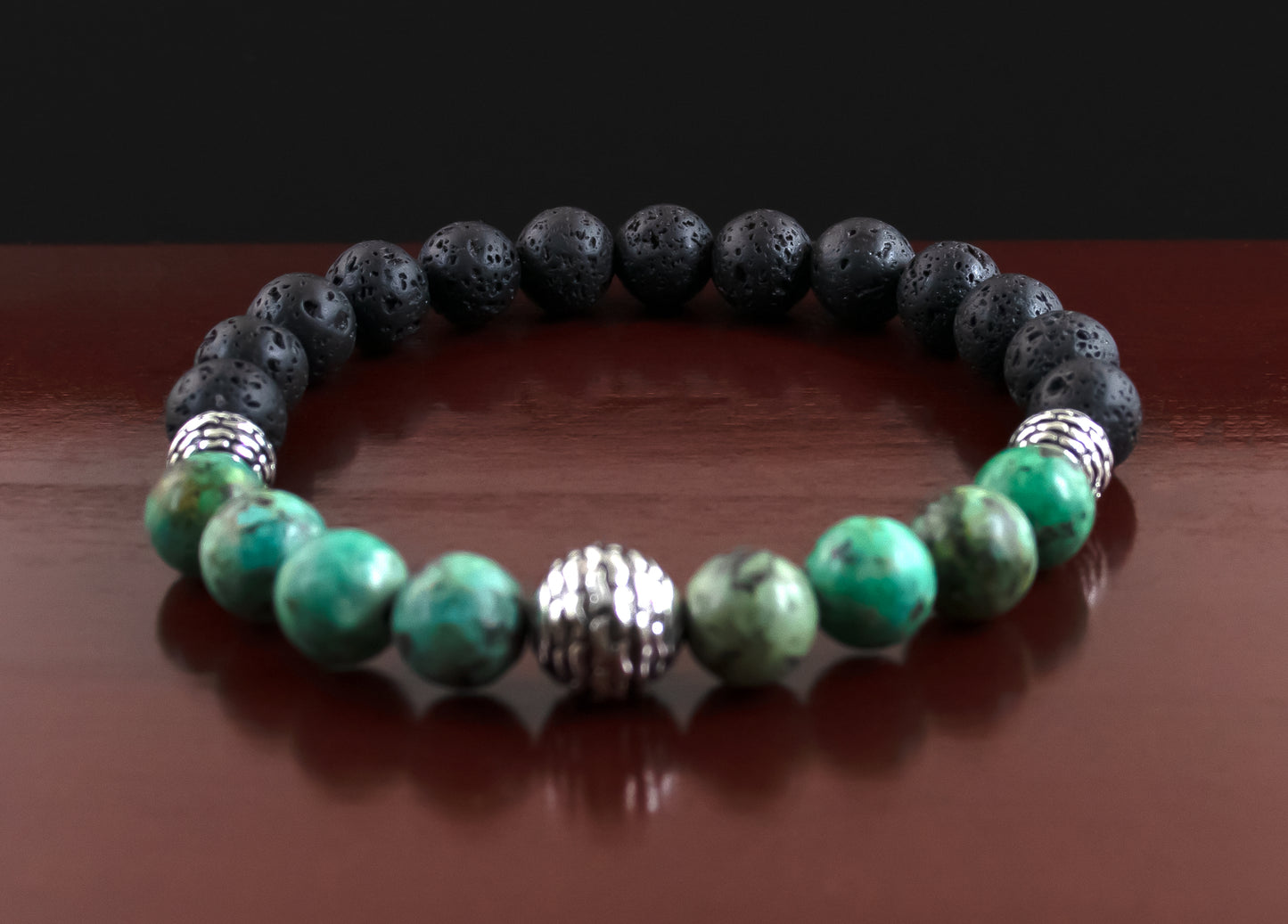 Healing - AAA Quality Natural African Turquoise /AAA Quality Natural Black Lava Stone Bracelet/.925 Sterling Silver Engraved Accent Beads