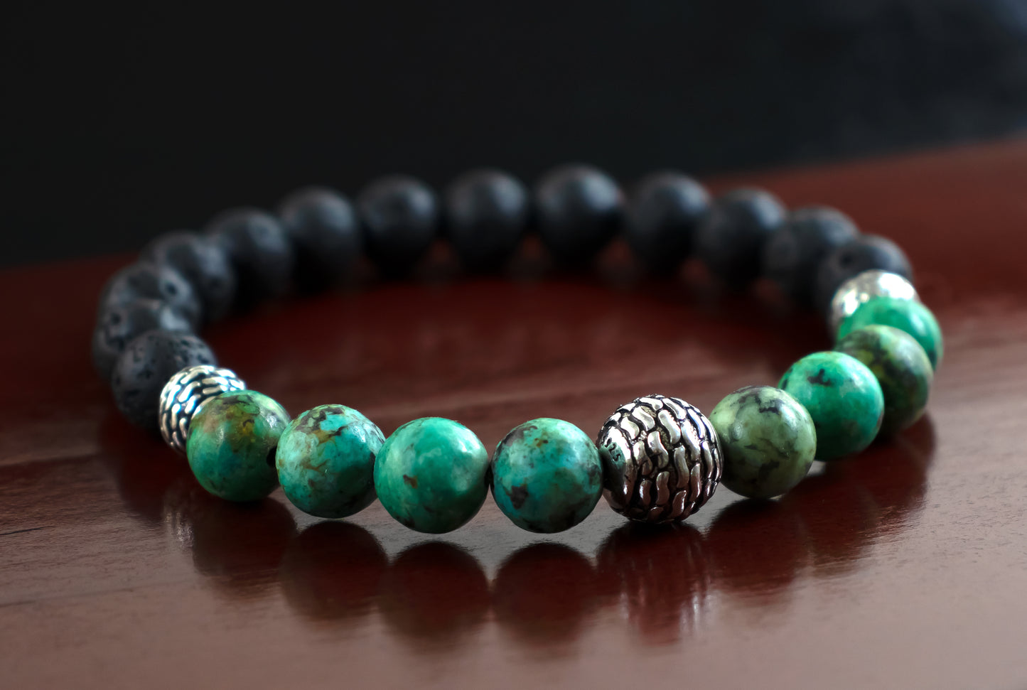 Healing - AAA Quality Natural African Turquoise /AAA Quality Natural Black Lava Stone Bracelet/.925 Sterling Silver Engraved Accent Beads