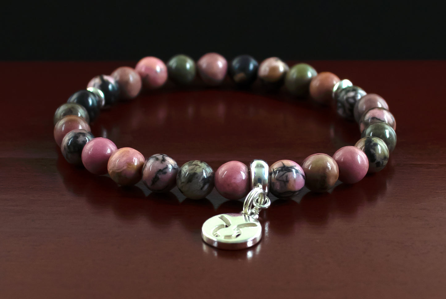 Taurus - AAA Quality Natural Rhodonite Jasper/.925 Sterling Silver w/Charm – 6mm