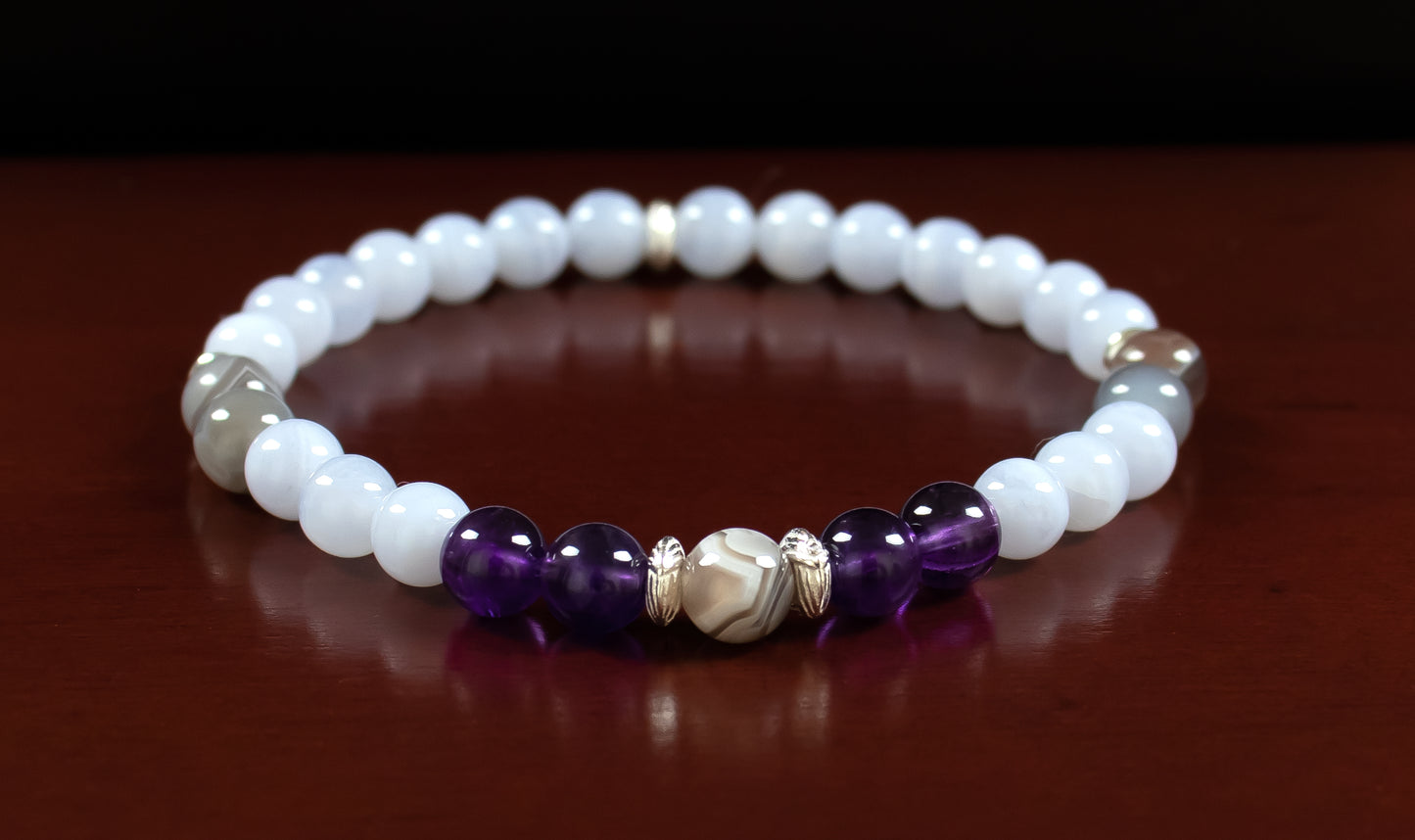 Growth/Clarity - AAA Quality Botswana Agate/AAAAA Quality Purple Amethyst/AAA Quality Blue Lace Agate/.925 Sterling Silver Accents - 6mm