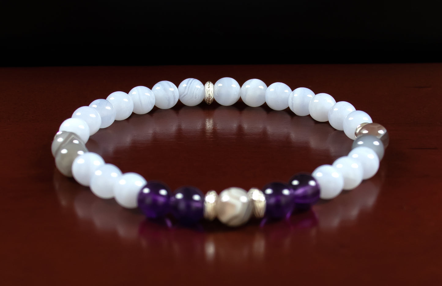 Growth/Clarity - AAA Quality Botswana Agate/AAAAA Quality Purple Amethyst/AAA Quality Blue Lace Agate/.925 Sterling Silver Accents - 6mm