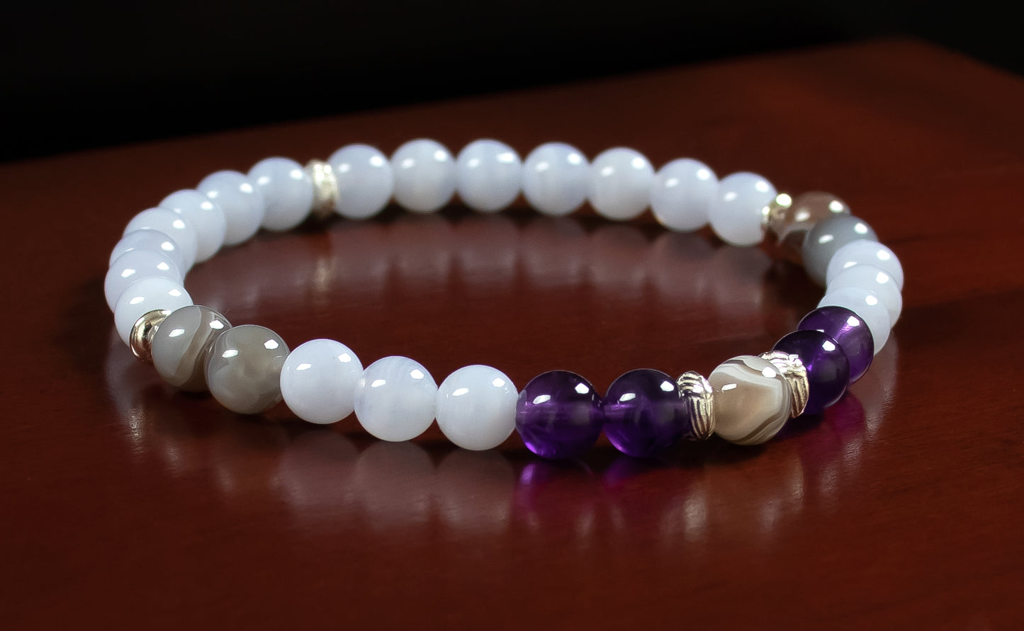 Growth/Clarity - AAA Quality Botswana Agate/AAAAA Quality Purple Amethyst/AAA Quality Blue Lace Agate/.925 Sterling Silver Accents - 6mm