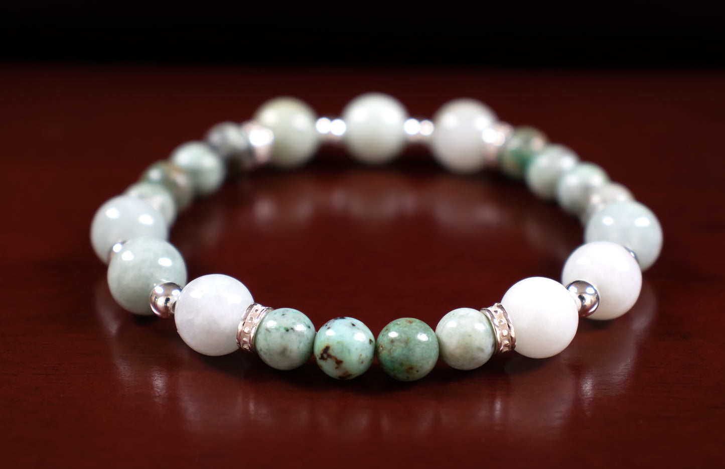 Fortune/Healing - AAA Quality Burma Jade/AAA Quality Peruvian Turquoise/.925 Sterling Silver Accents - 6/8mm