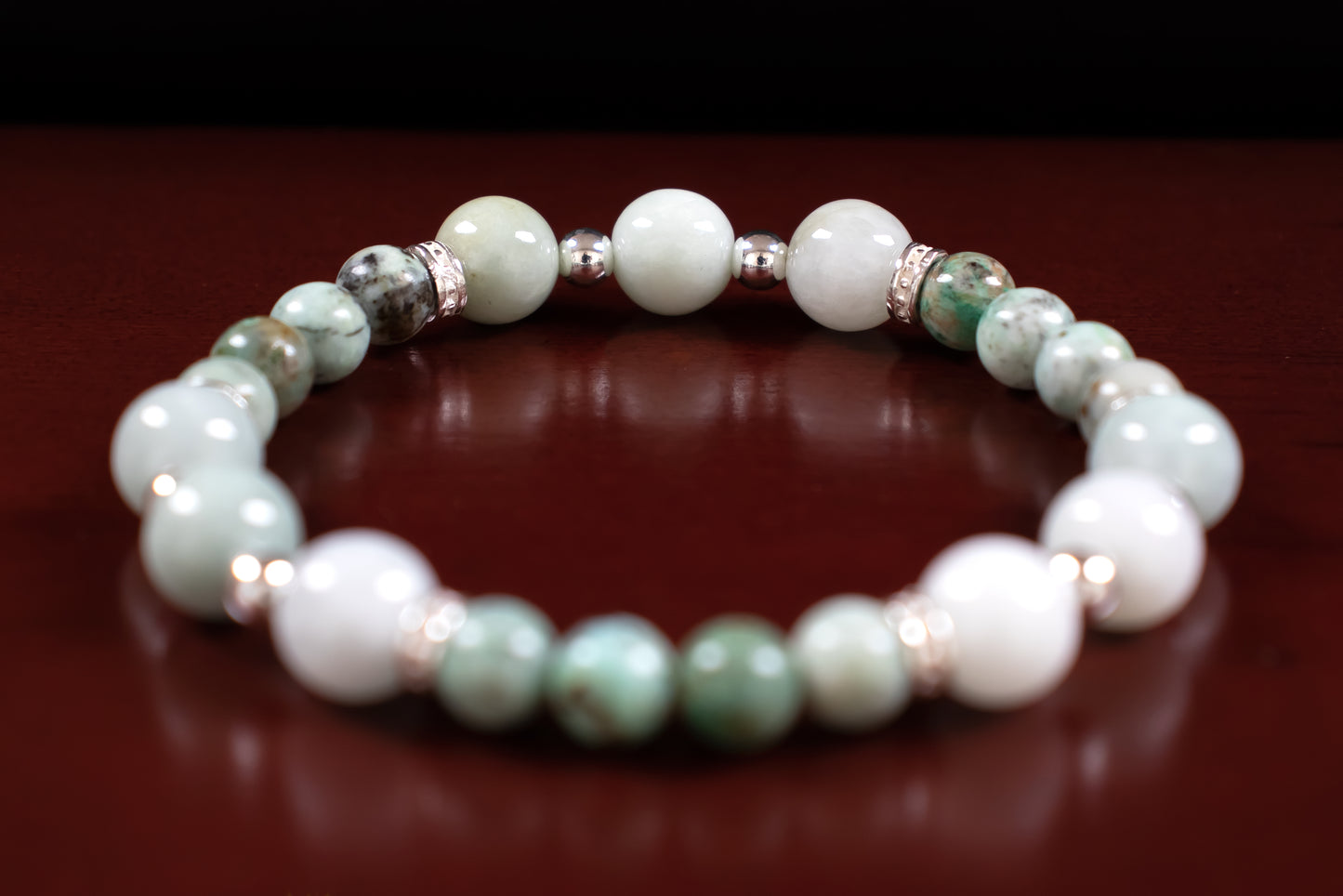 Fortune/Healing - AAA Quality Burma Jade/AAA Quality Peruvian Turquoise/.925 Sterling Silver Accents - 6/8mm