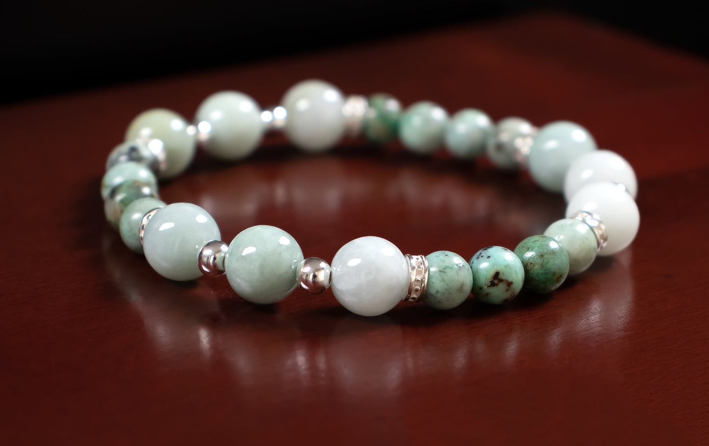 Fortune/Healing - AAA Quality Burma Jade/AAA Quality Peruvian Turquoise/.925 Sterling Silver Accents - 6/8mm