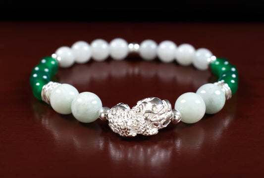 Fortune/Strength - AAA Quality Burma Jade/AAA Quality Green Onyx/.925 Sterling Silver Pi Xiu - 8/6mm