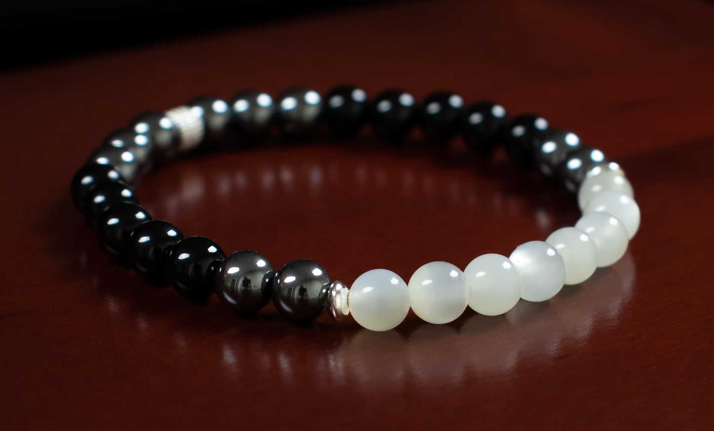 Desire/Fortune/Courage - AAA Quality White Moonstone/AAA Quality Black Onyx/AAA Quality Hematite/.925 Sterling Silver Accent Beads