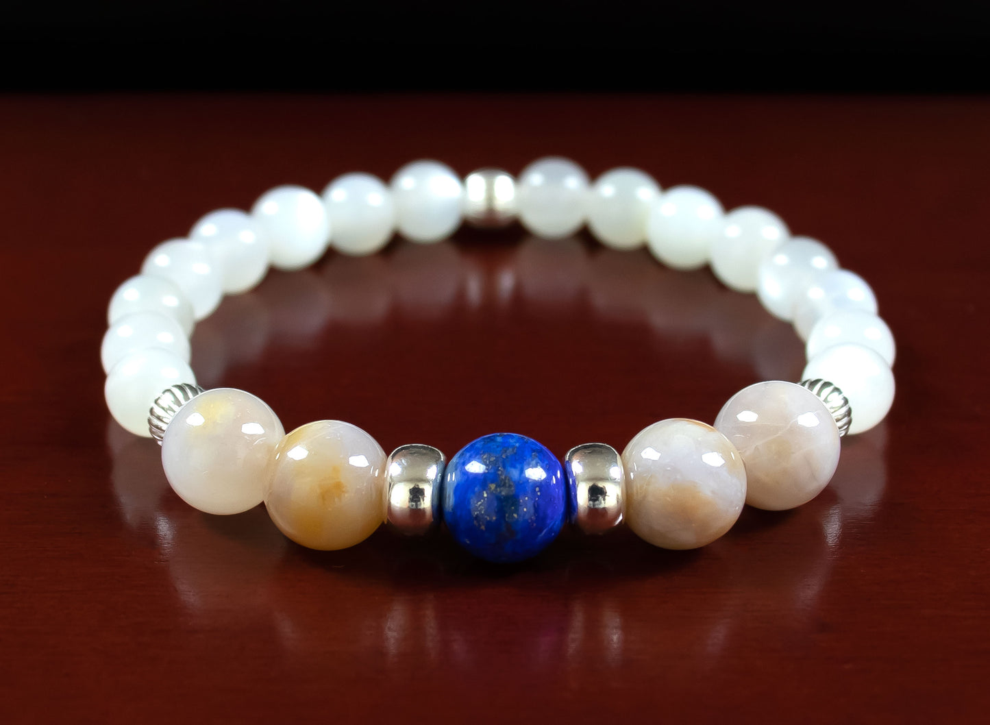 Balance/Wisdom - AAA Quality Lapis Lazuli/AAA Quality Australian Agate/AAA Quality White Moonstone/.925 Sterling Silver Accent Beads - 8mm