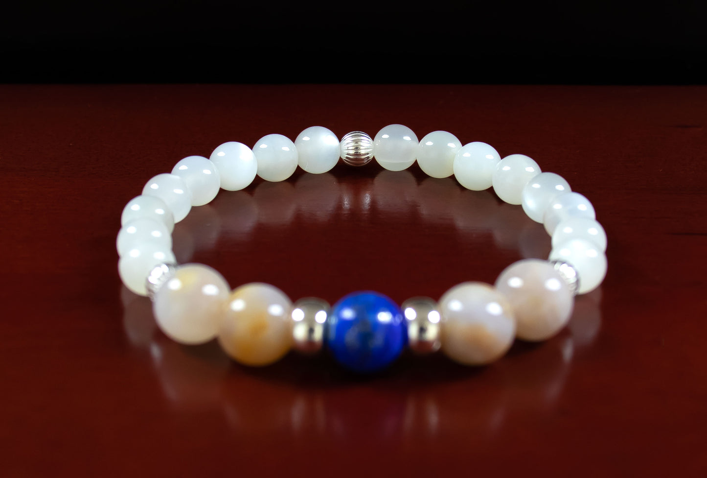 Balance/Wisdom - AAA Quality Lapis Lazuli/AAA Quality Australian Agate/AAA Quality White Moonstone/.925 Sterling Silver Accent Beads - 8mm