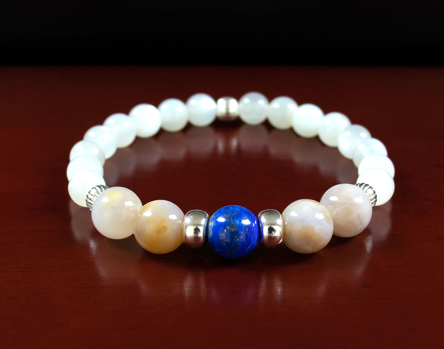 Balance/Wisdom - AAA Quality Lapis Lazuli/AAA Quality Australian Agate/AAA Quality White Moonstone/.925 Sterling Silver Accent Beads - 8mm