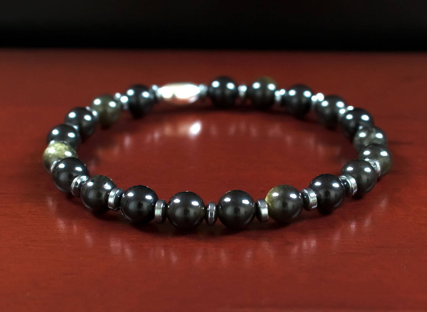 Protection/Luck - AAA Natural Black Obsidian/Hematite & .925 Sterling Silver Seed Bead Accents - 6mm