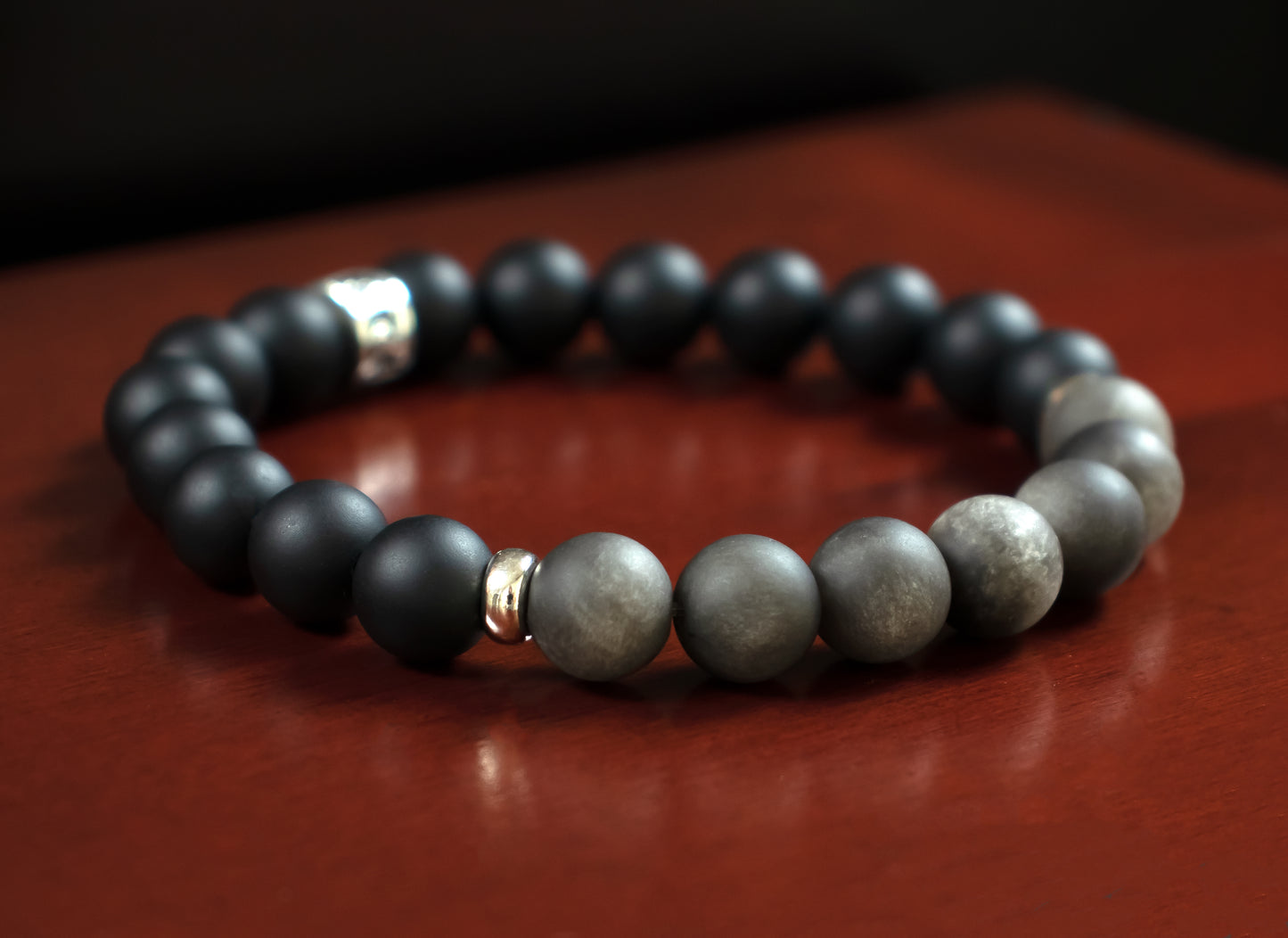 Protection/Focus - AAA Quality Matte Silver Obsidian/AAA Quality Matte Black Onyx/.925 Sterling Silver Accent Beads - 8mm