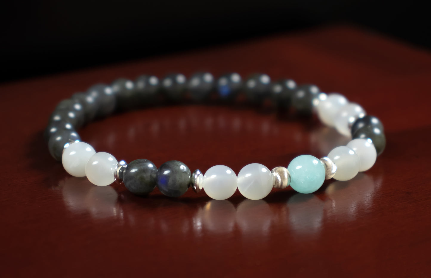 Talent/Patience - AAA Quality Blue Lace Agate/AAA Quality White Moonstone/AAA Quality Black Labradorite/.925 Sterling Silver Accents - 6mm