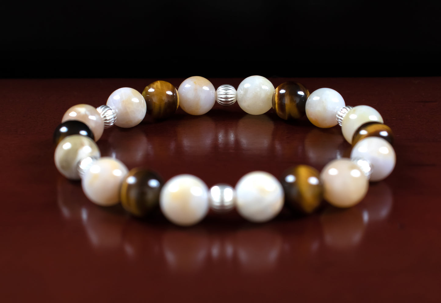 Balance/Abundance - AAA Quality Australian Agate/AAA Quality Golden Tiger's Eye/.925 Sterling Silver Accents - 8mm