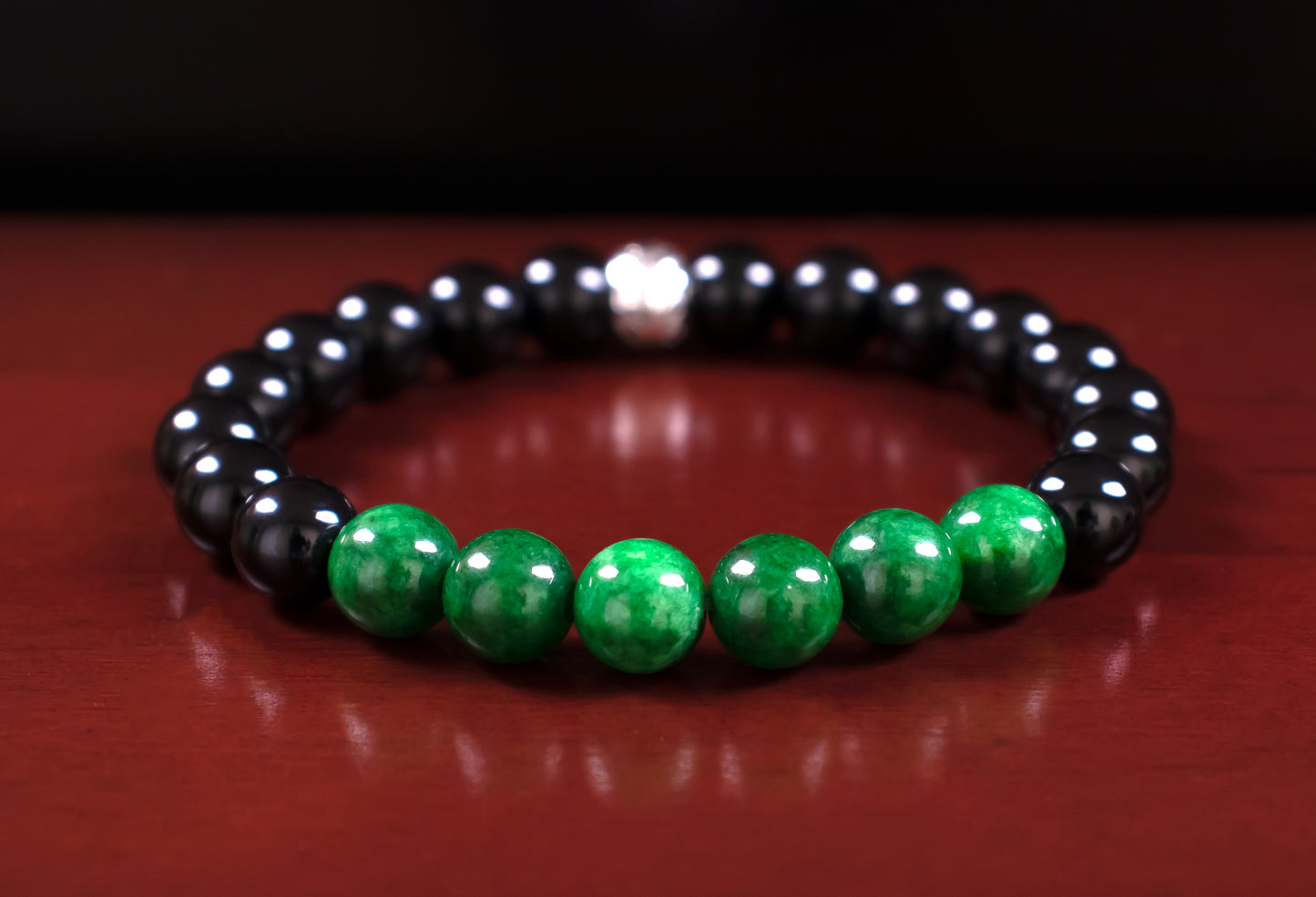 Luck/Focus - AAA Quality Natural Dark Green Jade/AAA Quality Natural Black Onyx/.925 Sterling Silver Accents - 8mm