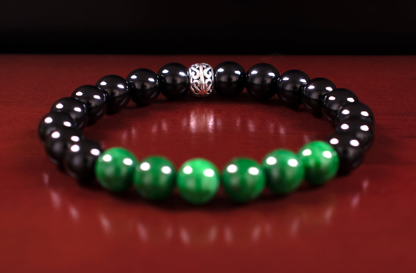 Luck/Focus - AAA Quality Natural Dark Green Jade/AAA Quality Natural Black Onyx/.925 Sterling Silver Accents - 8mm