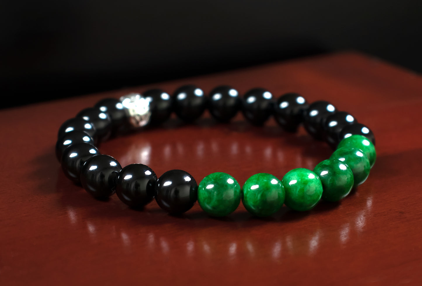 Luck/Focus - AAA Quality Natural Dark Green Jade/AAA Quality Natural Black Onyx/.925 Sterling Silver Accents - 8mm