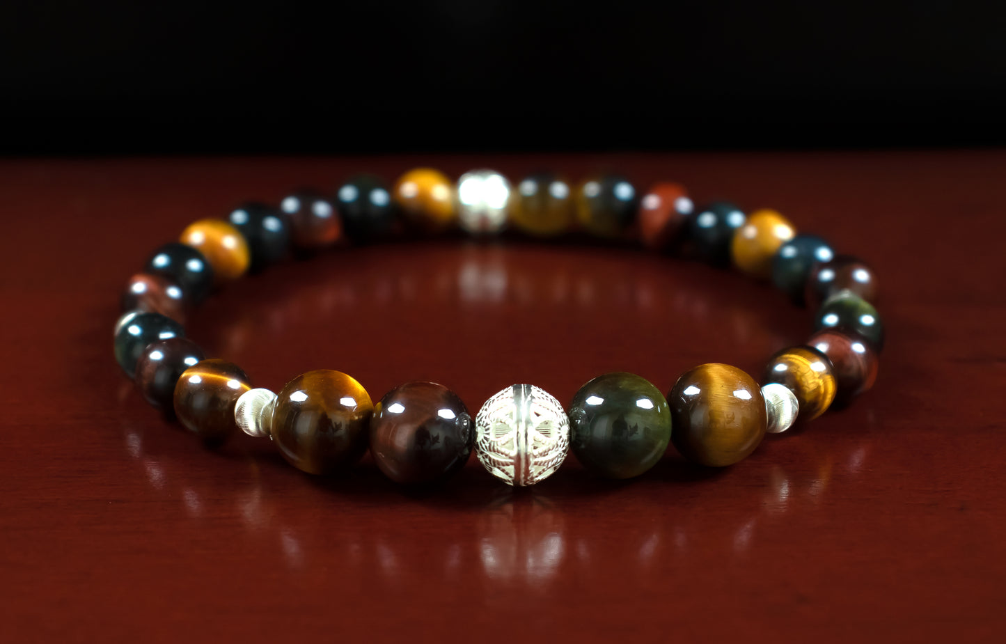 Prosperity/Courage - AAA Quality Natural Multi-Colored Tiger’s Eye Bracelet with .925 Sterling Silver Bead Accents