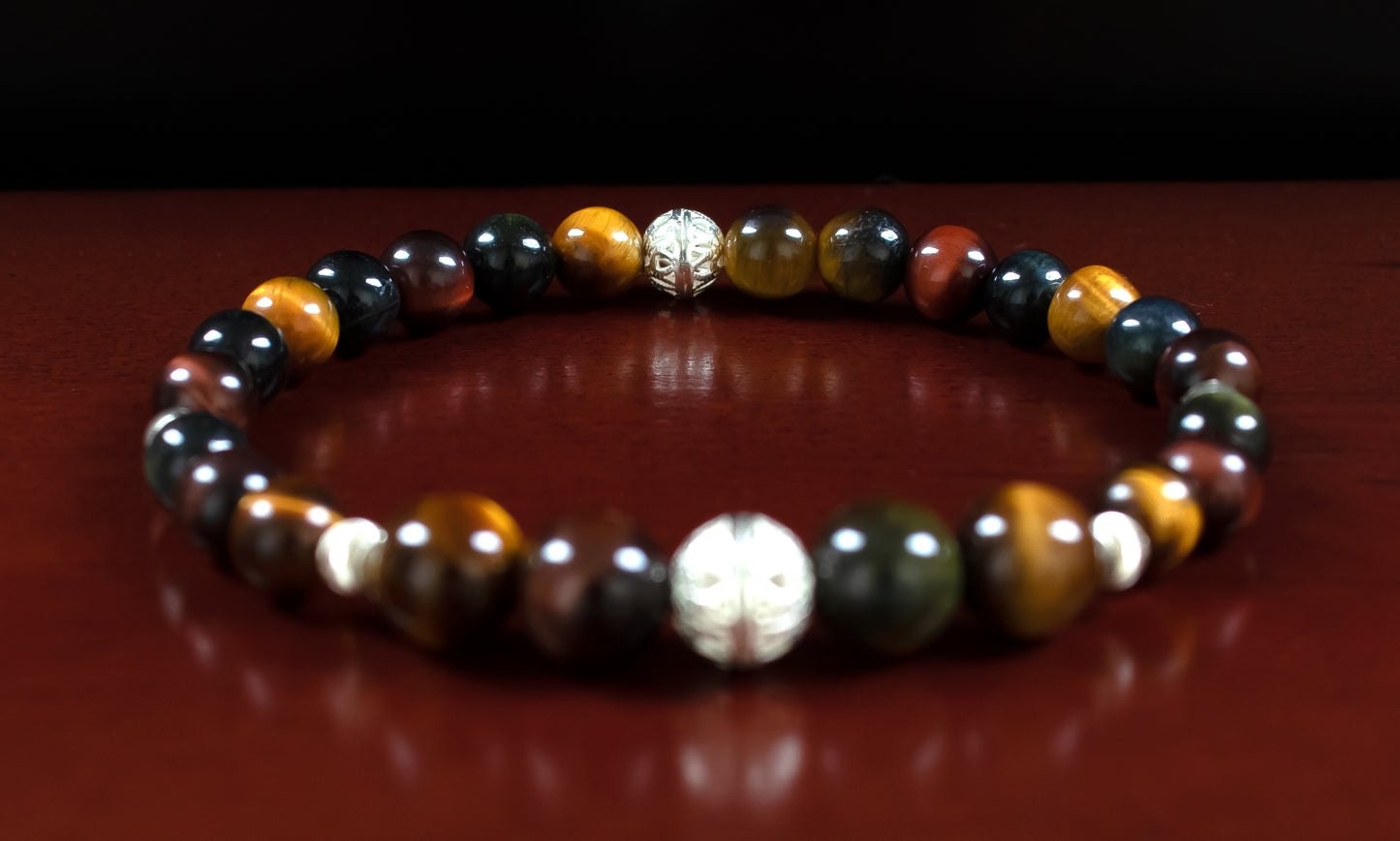 Prosperity/Courage - AAA Quality Natural Multi-Colored Tiger’s Eye Bracelet with .925 Sterling Silver Bead Accents