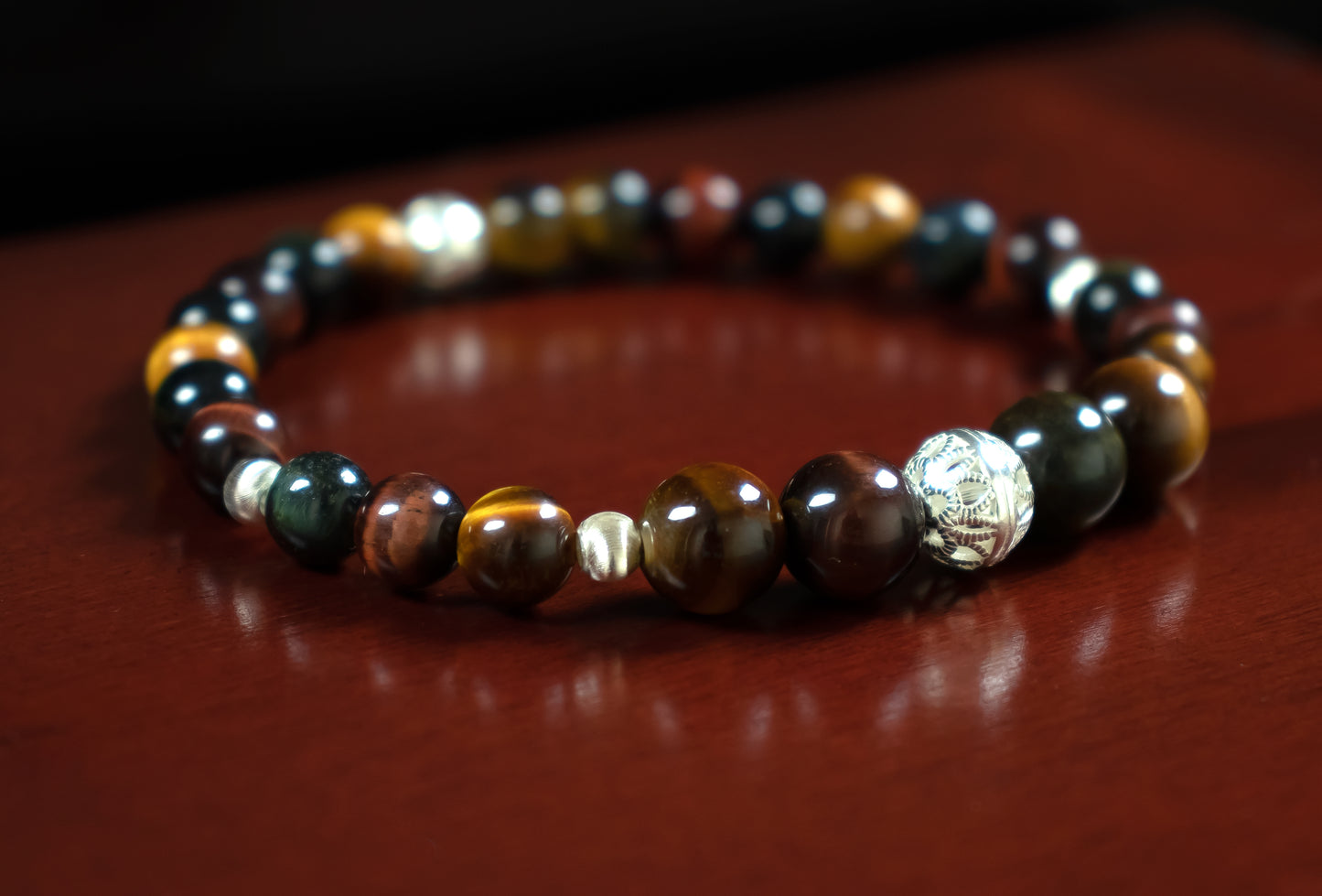 Prosperity/Courage - AAA Quality Natural Multi-Colored Tiger’s Eye Bracelet with .925 Sterling Silver Bead Accents