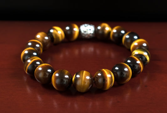 Motivation/Abundance - AAA Quality Natural Yellow Tiger's Eye Bracelet/.925 Sterling Silver Accent Beads - 10mm