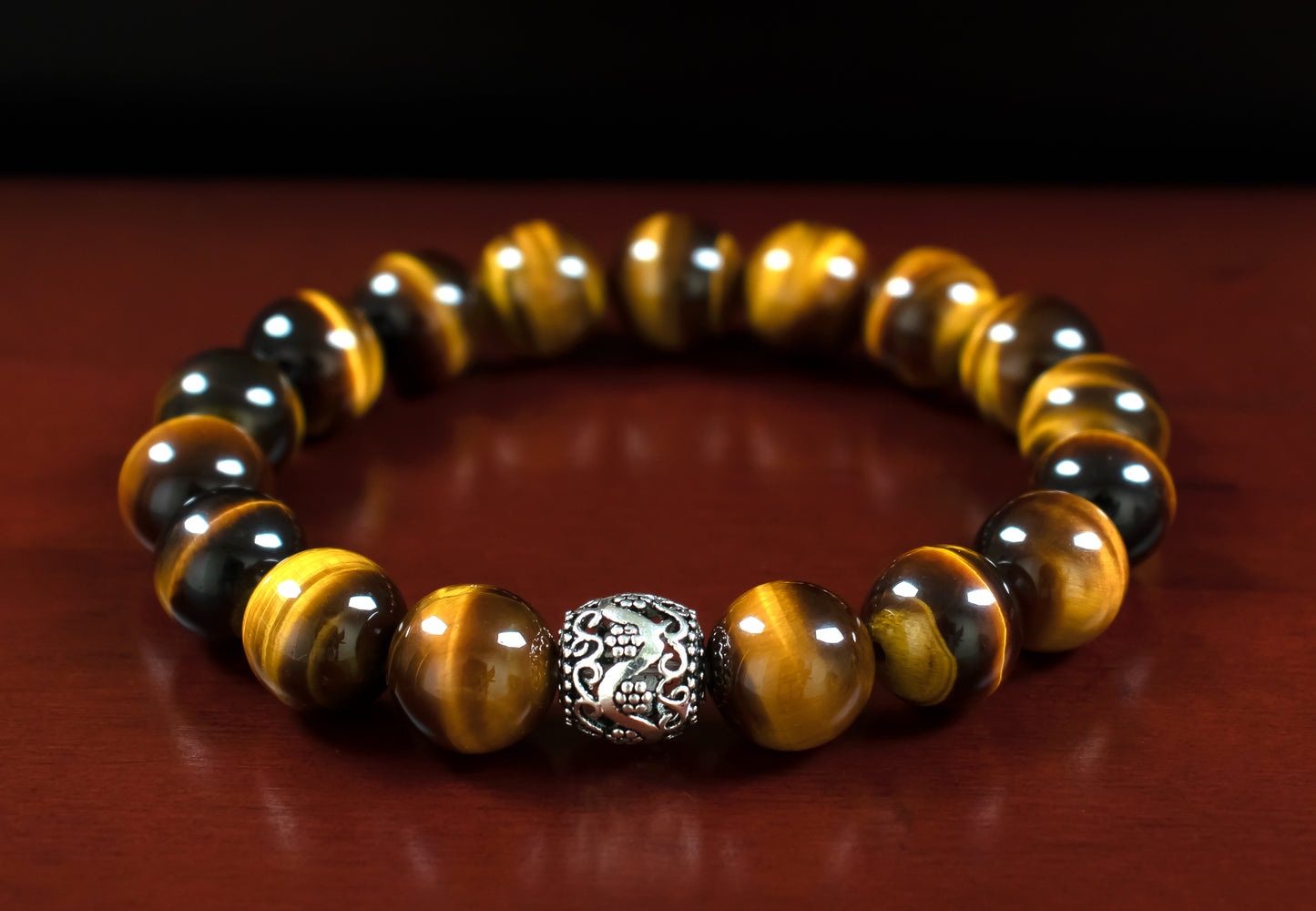 Motivation/Abundance - AAA Quality Natural Yellow Tiger's Eye Bracelet/.925 Sterling Silver Accent Beads - 10mm