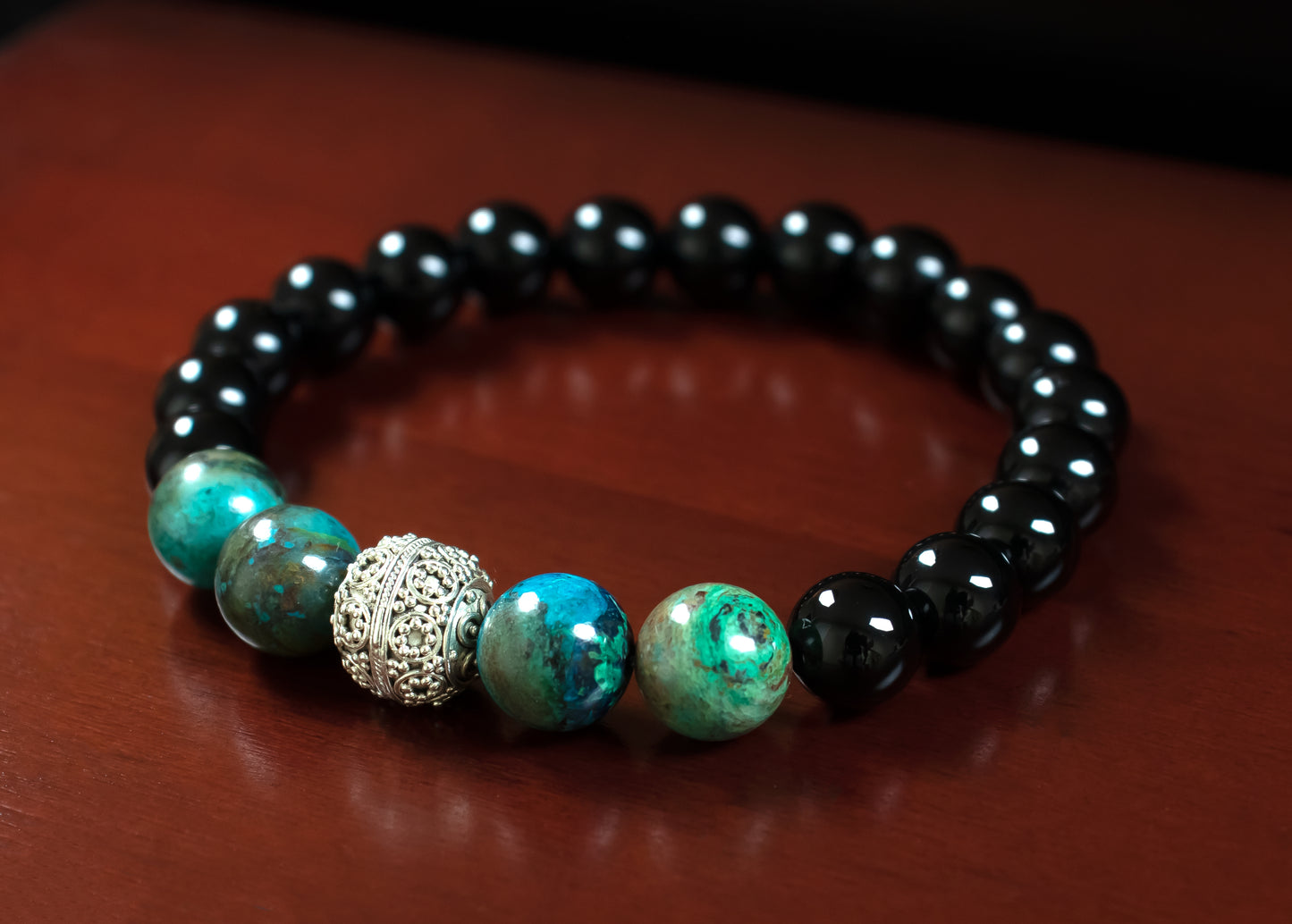 Motivation/Transformation - RARE! AAA Natural Green Chrysocolla/AAA Natural Black Onyx/.925 Sterling Silver Handcrafted Bali Beads