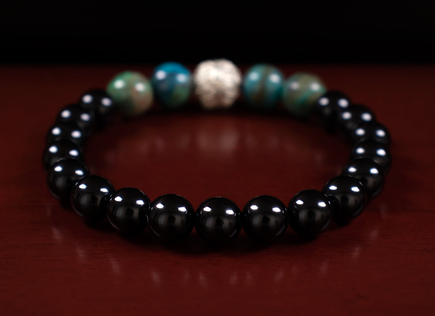 Motivation/Transformation - RARE! AAA Natural Green Chrysocolla/AAA Natural Black Onyx/.925 Sterling Silver Handcrafted Bali Beads