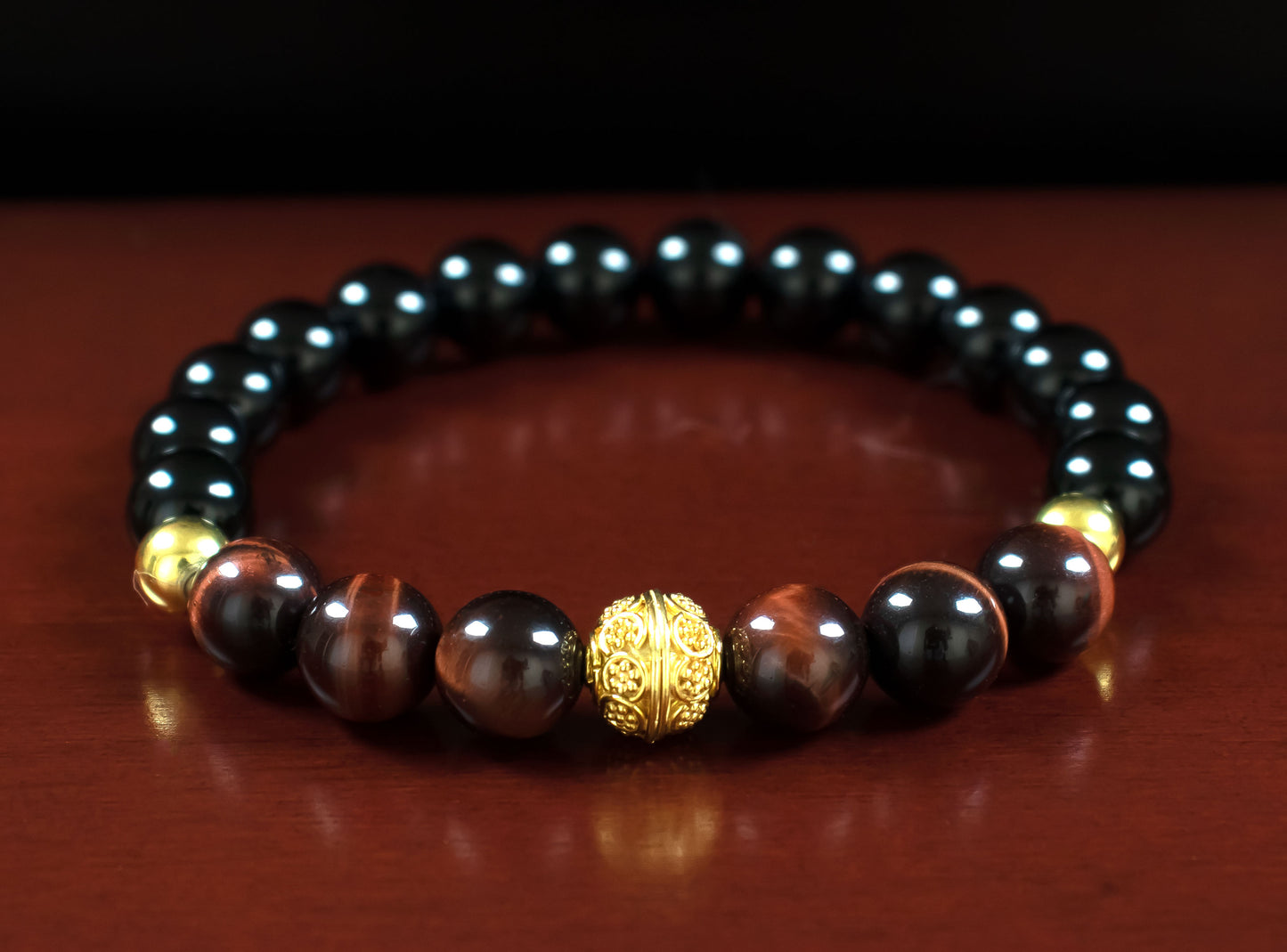 Protection/Motivation - AAA Quality Natural Red Tiger’s Eye/AAA Quality Natural Black Onyx/22 Karat Gold Vermeil Beads