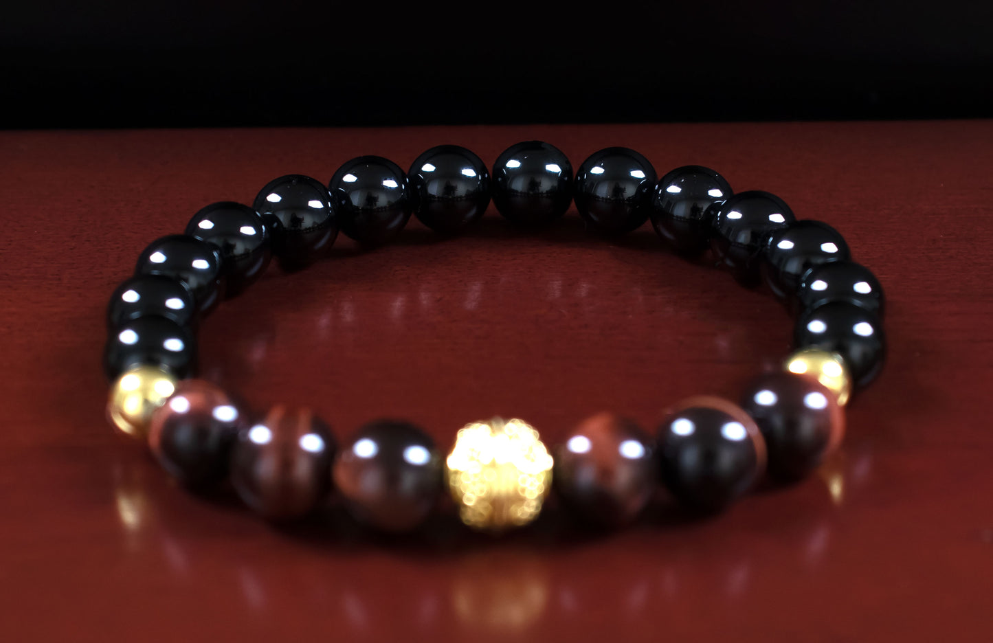 Protection/Motivation - AAA Quality Natural Red Tiger’s Eye/AAA Quality Natural Black Onyx/22 Karat Gold Vermeil Beads