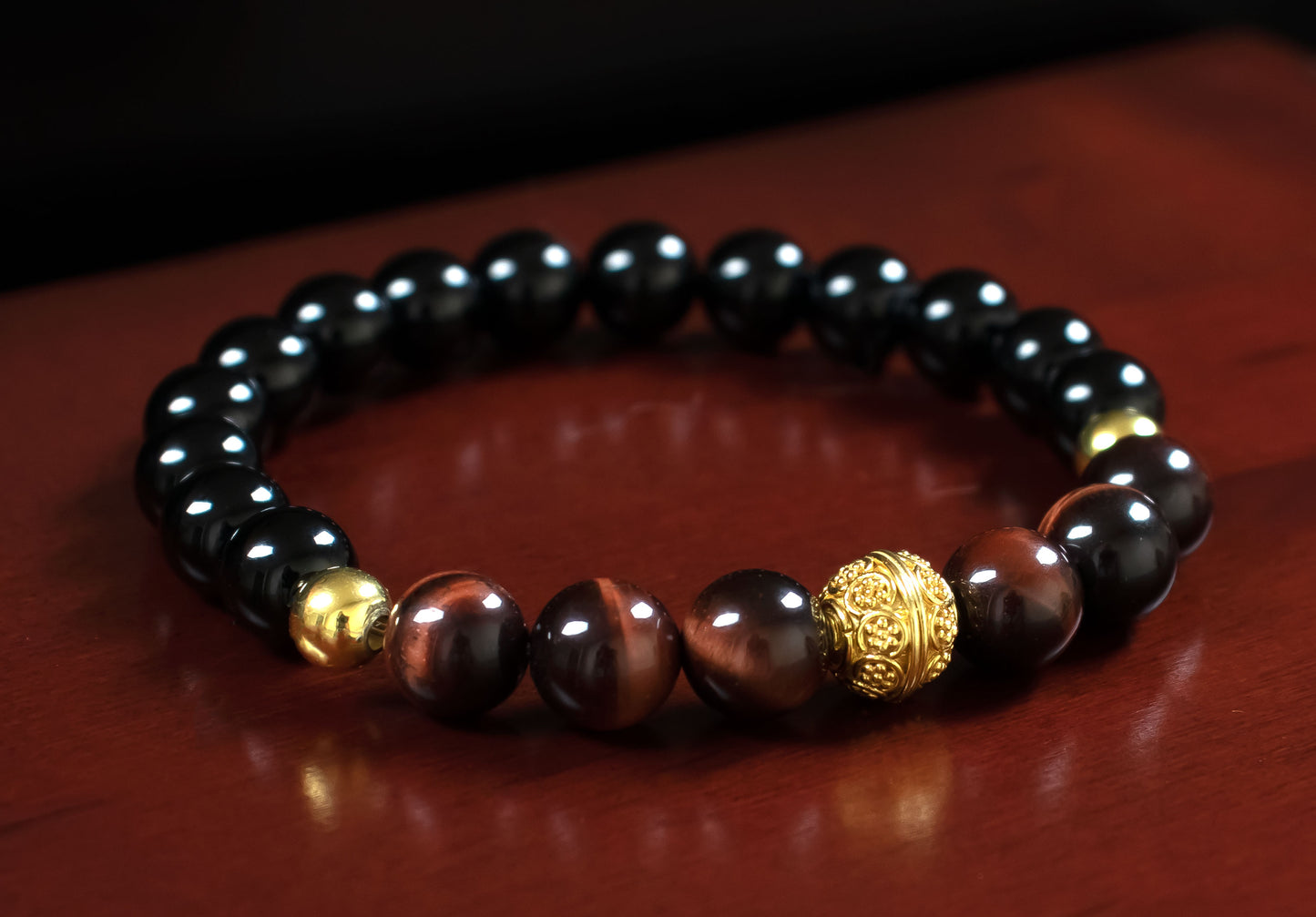 Protection/Motivation - AAA Quality Natural Red Tiger’s Eye/AAA Quality Natural Black Onyx/22 Karat Gold Vermeil Beads