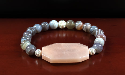 Opportunity/Guidance - EXCLUSIVE! AAA Quality Peach Moonstone Center/AAAAA Quality Botswana Agate/.925 Sterling Silver Floral Accents  8mm