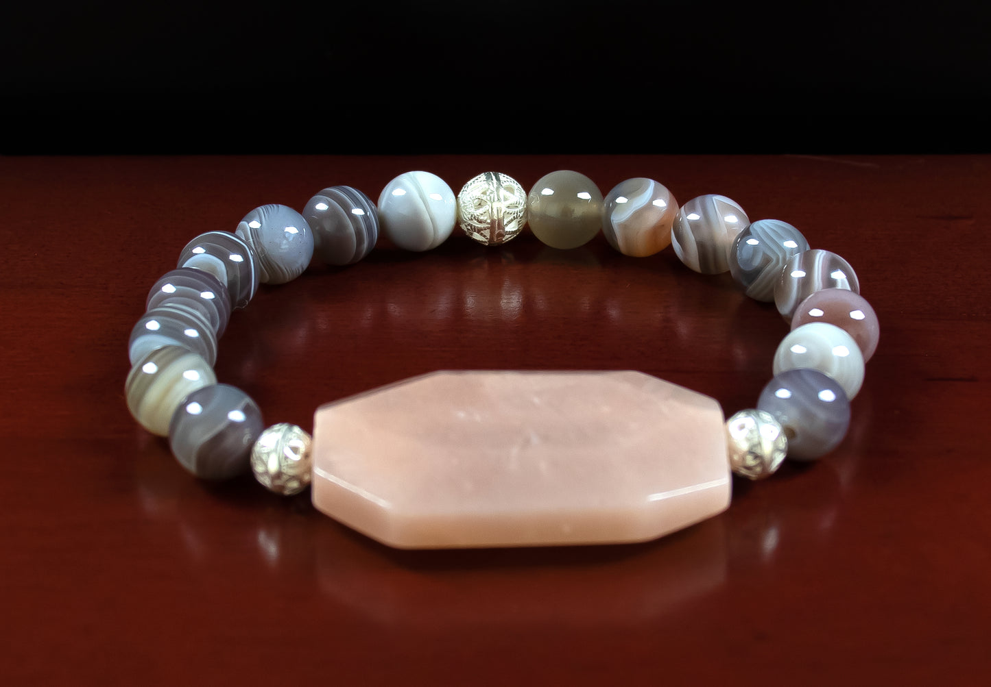 Opportunity/Guidance - EXCLUSIVE! AAA Quality Peach Moonstone Center/AAAAA Quality Botswana Agate/.925 Sterling Silver Floral Accents  8mm