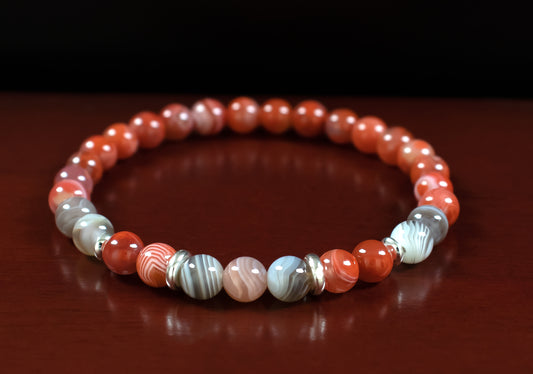 Achievement/Stability - AAA Quality Natural Red Carnelian/AAA Quality Natural Botswana Agate/.925 Sterling Silver Barrel Bead Center 8mm