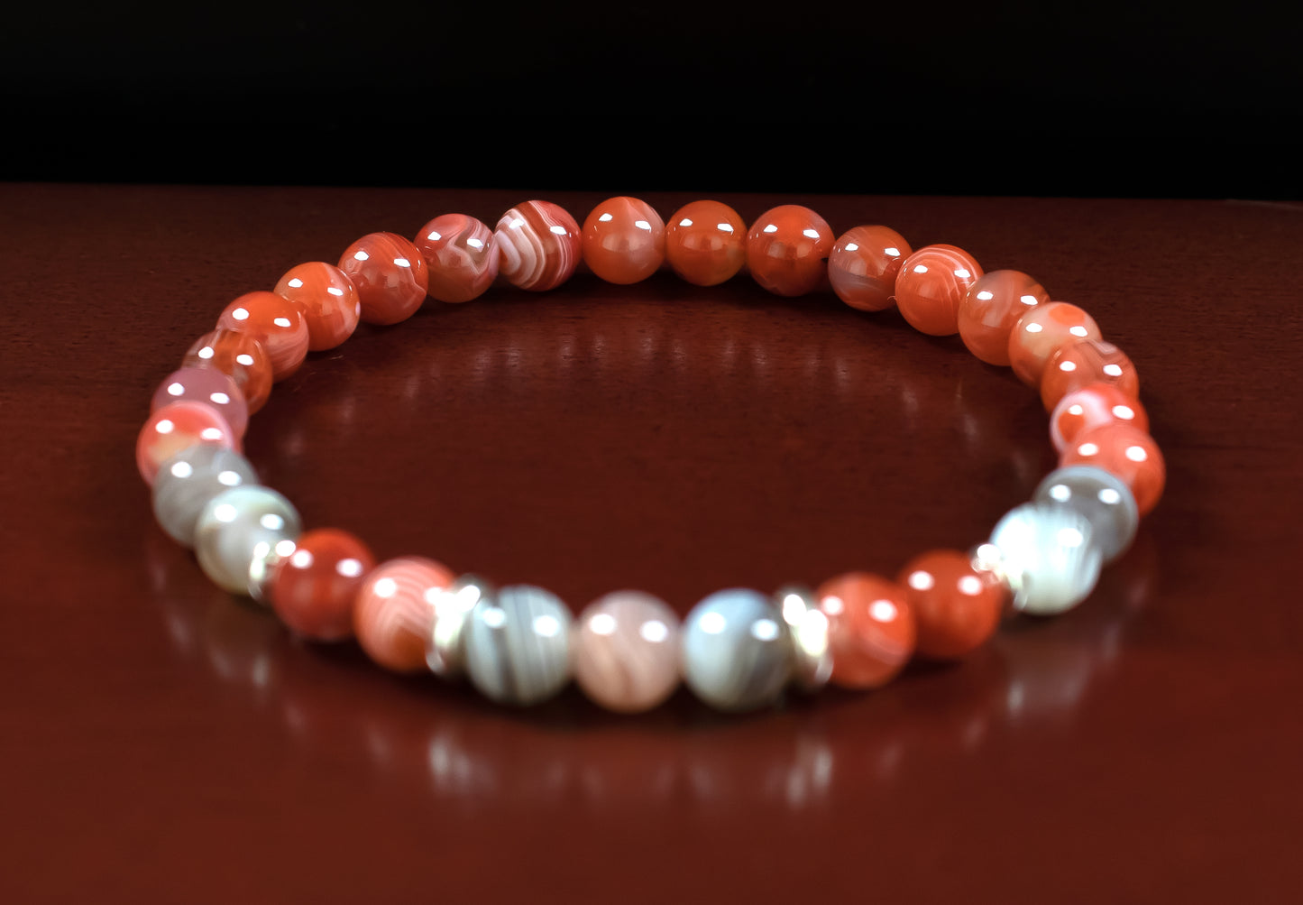 Achievement/Stability - AAA Quality Natural Red Carnelian/AAA Quality Natural Botswana Agate/.925 Sterling Silver Barrel Bead Center 8mm