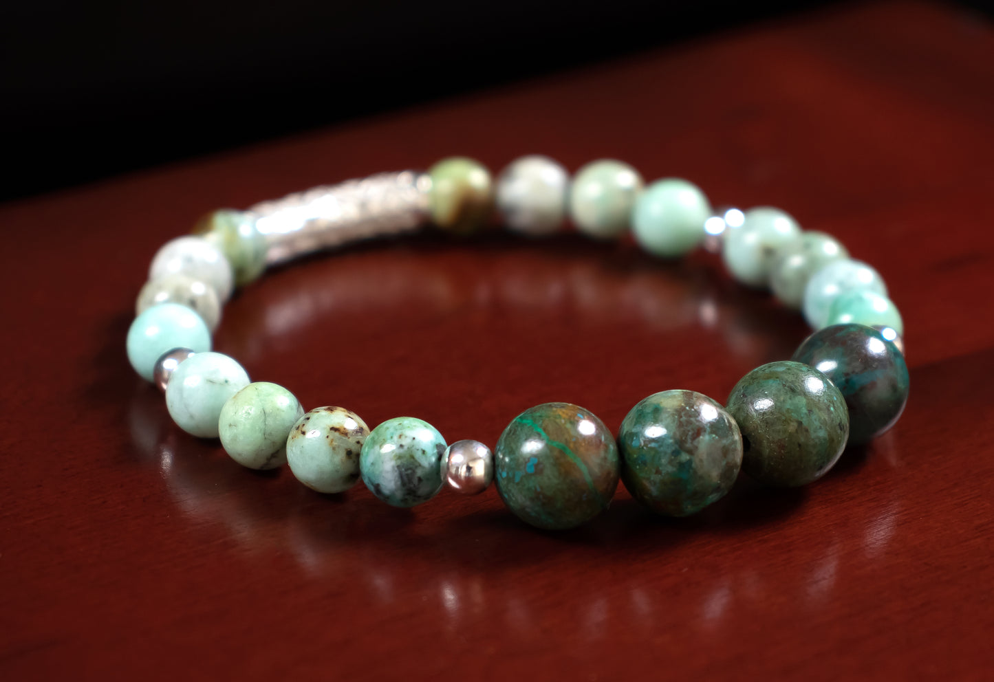 Motivation/Healing - RARE! AAA Quality Chrysocolla/AAA Quality Peruvian Turquoise/.925 Sterling Silver Accents - 6mm