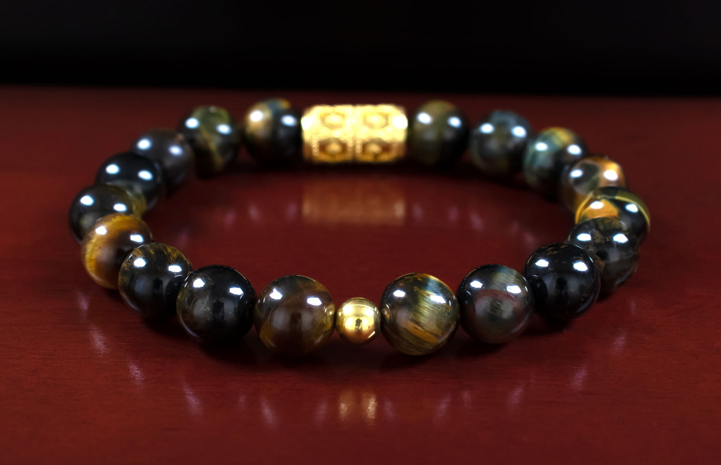 Protection/Opportunity - AAA Quality Natural Gold Blue Tiger’s Eye/22 Karat Gold Vermeil Center and Accent Beads - 10mm