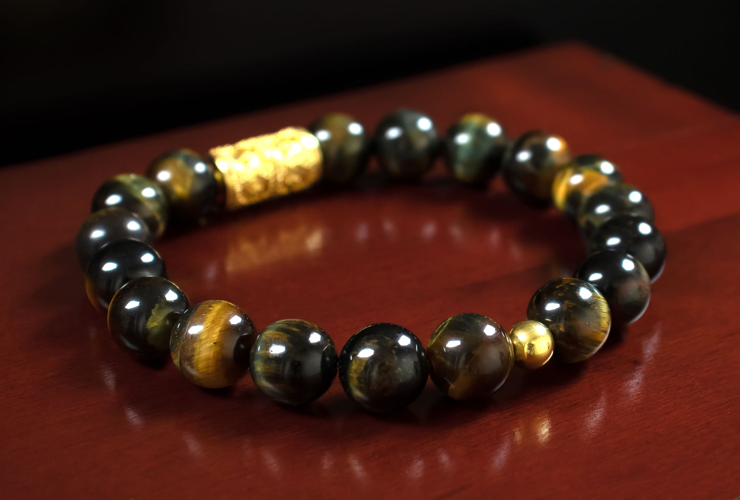 Protection/Opportunity - AAA Quality Natural Gold Blue Tiger’s Eye/22 Karat Gold Vermeil Center and Accent Beads - 10mm