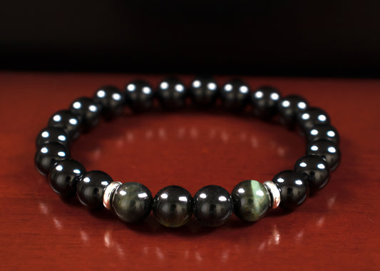 Focus/Motivation - AAA Quality Blue Tiger's Eye/AAA Quality Black Onyx/.925 Sterling Silver Accents - 8mm