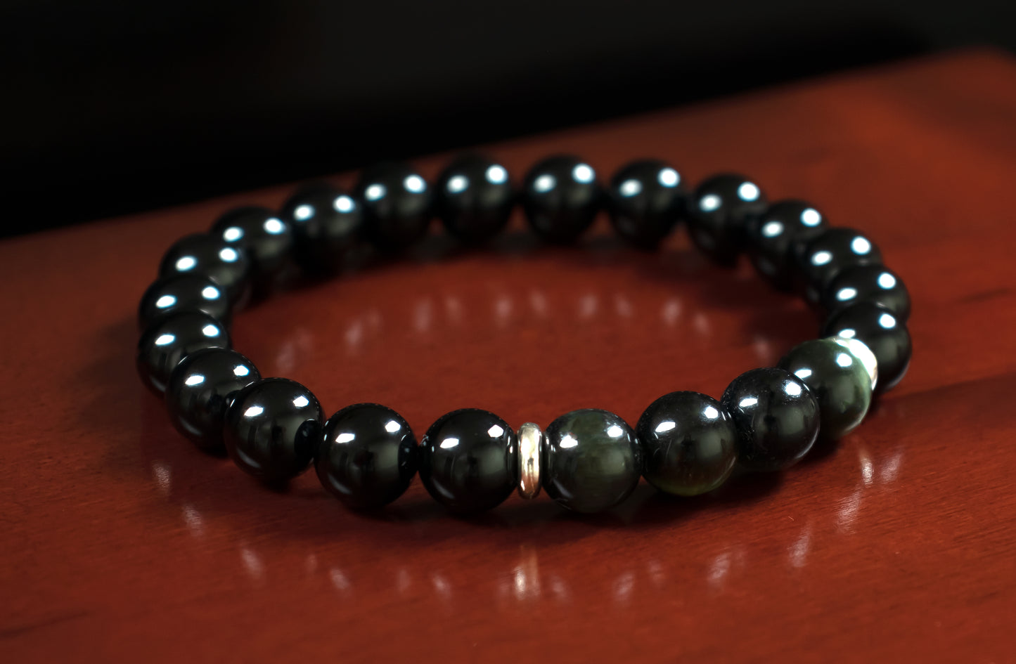 Focus/Motivation - AAA Quality Blue Tiger's Eye/AAA Quality Black Onyx/.925 Sterling Silver Accents - 8mm