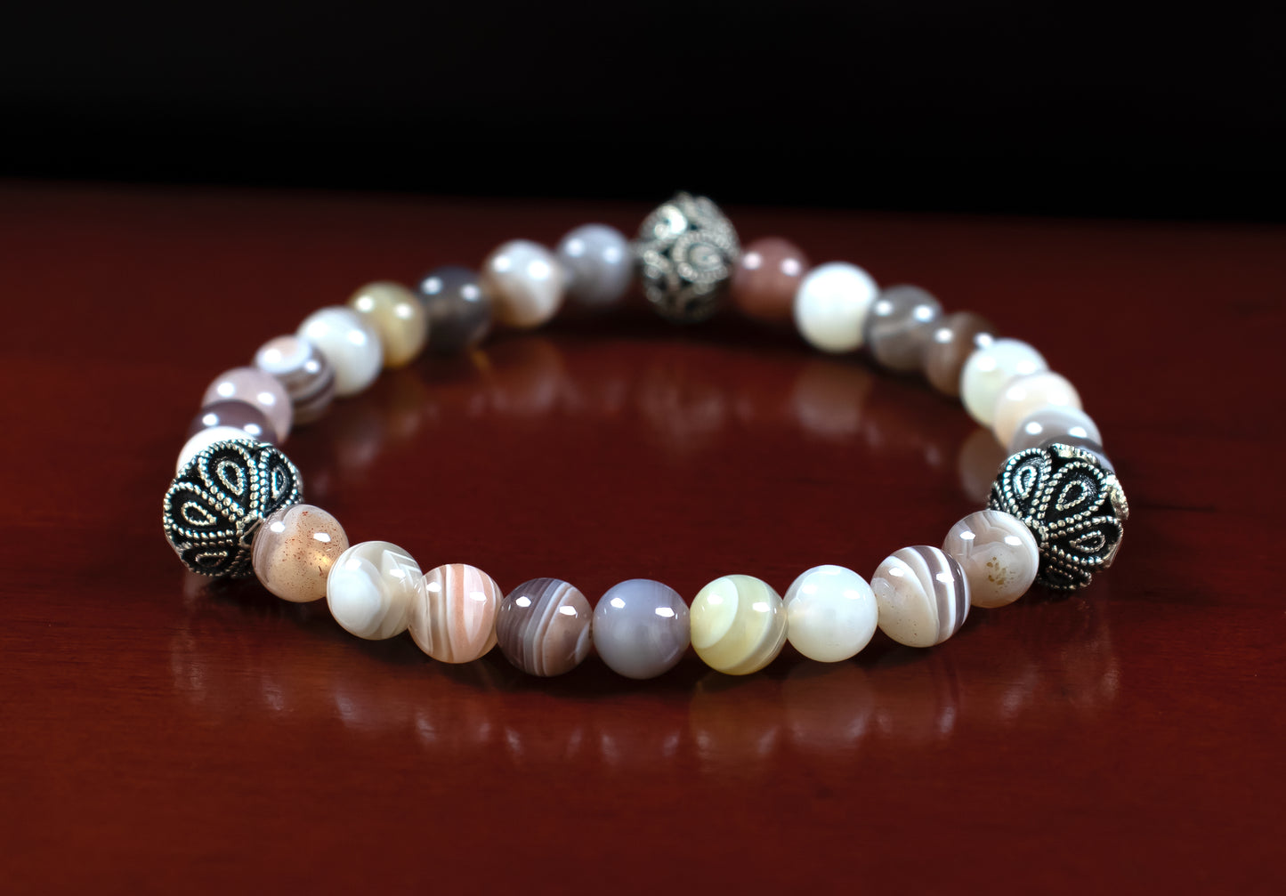 Guidance - AAAAA Quality Natural Botswana Agate/.925 Sterling Silver V Bali Bead Accents - 6 or 8mm