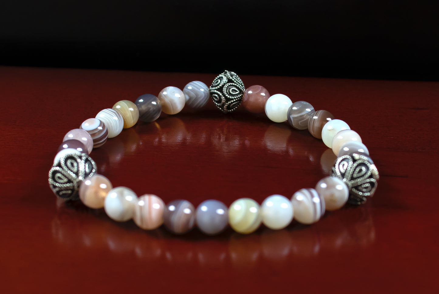 Guidance - AAAAA Quality Natural Botswana Agate/.925 Sterling Silver V Bali Bead Accents - 6 or 8mm