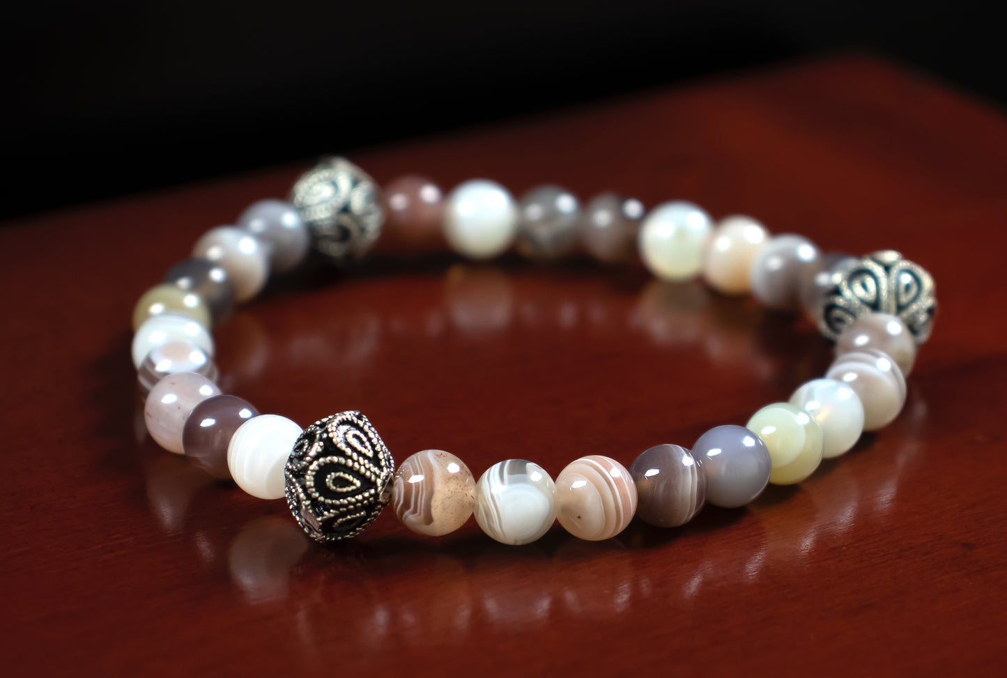 Guidance - AAAAA Quality Natural Botswana Agate/.925 Sterling Silver V Bali Bead Accents - 6 or 8mm