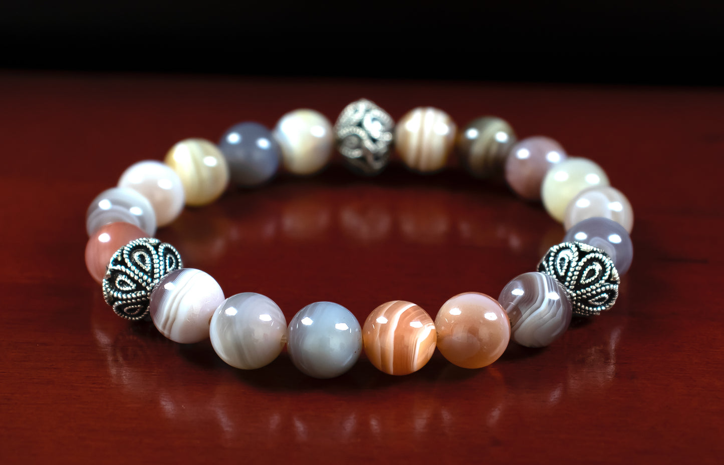 Guidance - AAAAA Quality Natural Botswana Agate/.925 Sterling Silver V Bali Bead Accents - 6 or 8mm