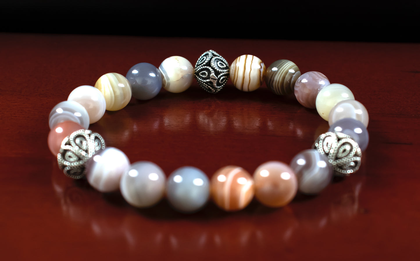 Guidance - AAAAA Quality Natural Botswana Agate/.925 Sterling Silver V Bali Bead Accents - 6 or 8mm