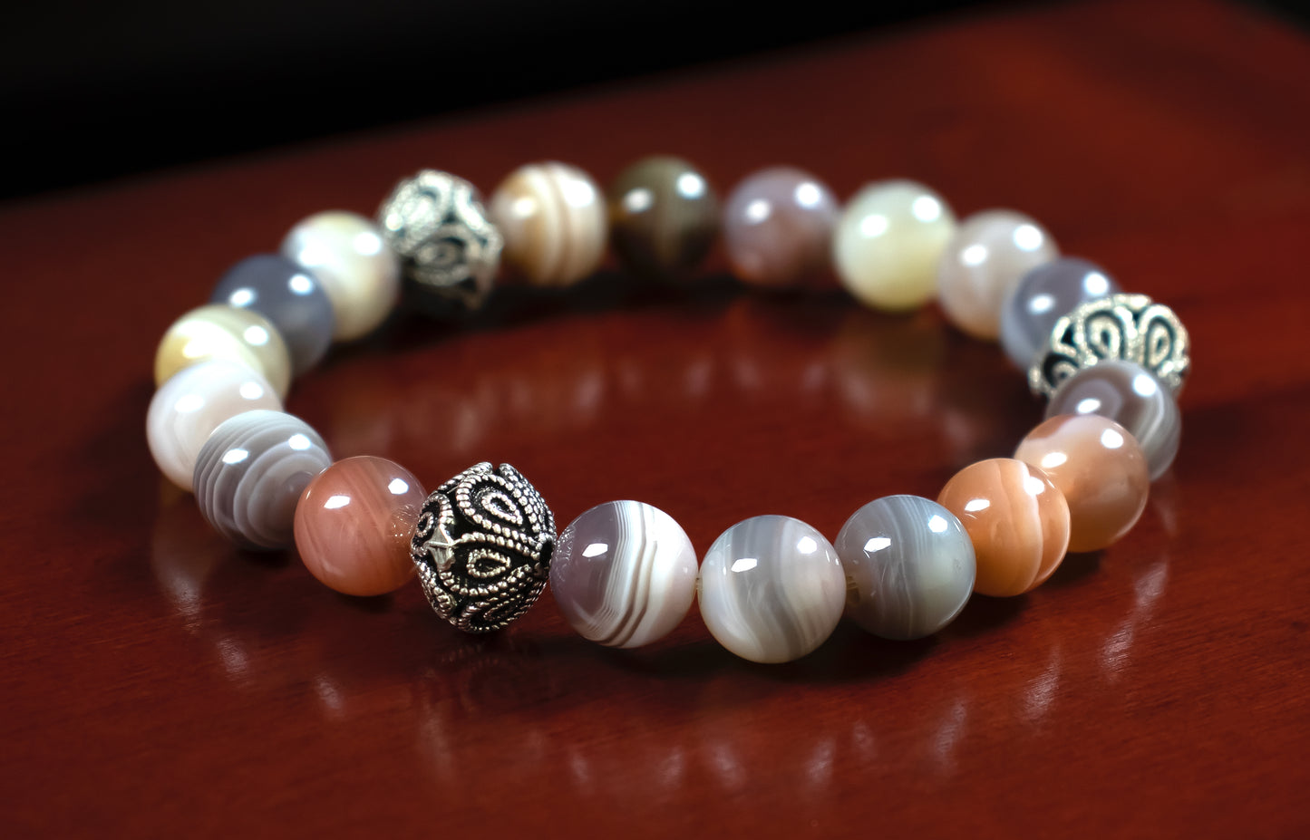 Guidance - AAAAA Quality Natural Botswana Agate/.925 Sterling Silver V Bali Bead Accents - 6 or 8mm