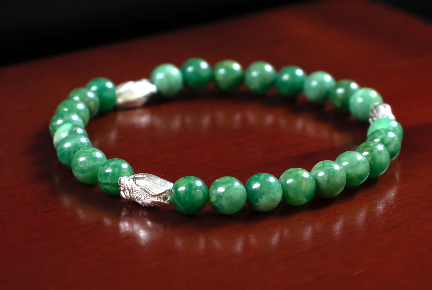 Good Fortune - AAA Quality Natural Green African Jade with .925 Sterling Silver Cicada Bead Accents - 6mm