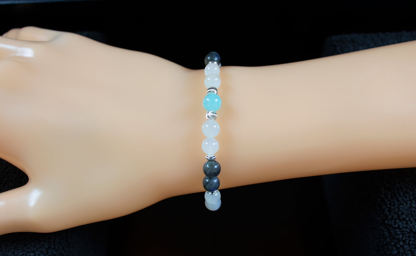 Talent/Patience - AAA Quality Blue Lace Agate/AAA Quality White Moonstone/AAA Quality Black Labradorite/.925 Sterling Silver Accents - 6mm